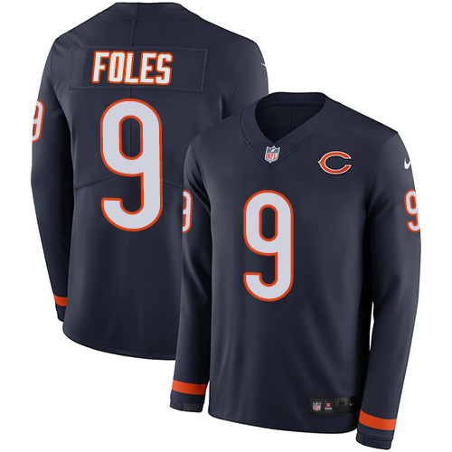 Personalized Bears #9 Nick Foles Navy Blue Team Color Men’s Stitched NFL Limited Therma Long Sleeve Jersey