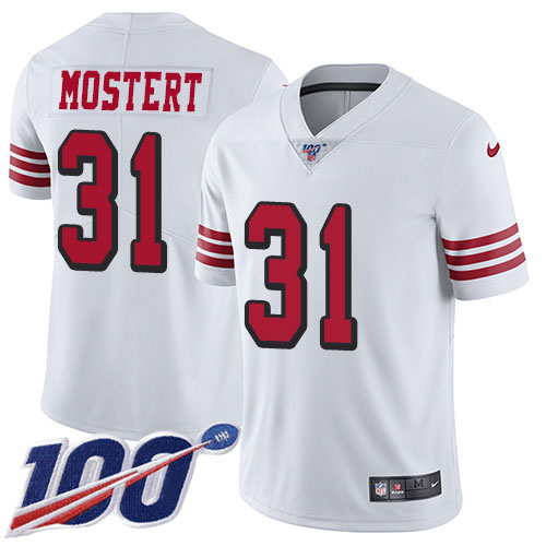 Personalized 49ers #31 Raheem Mostert White Men’s Stitched NFL Limited Rush 100th Season Jersey