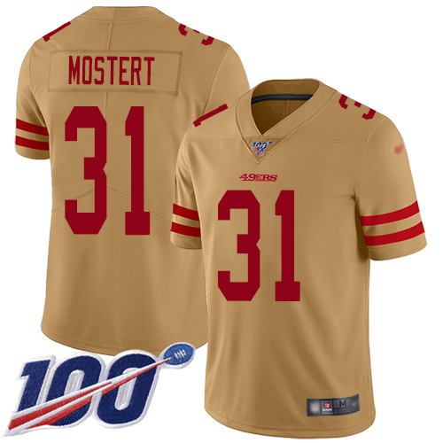 Personalized 49ers #31 Raheem Mostert Gold Men’s Stitched NFL Limited Inverted Legend 100th Season Jersey