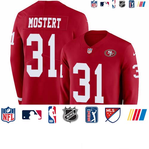 Personalized 49ers #31 Raheem Mostert Red Team Color Men’s Stitched NFL Limited Therma Long Sleeve Jersey