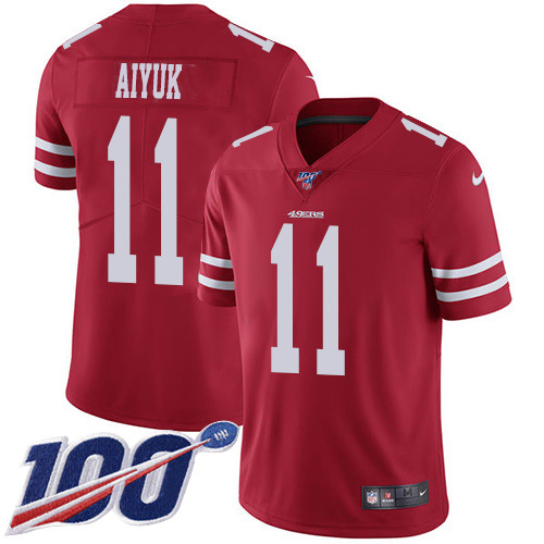 Personalized 49ers #11 Brandon Aiyuk Red Team Color Men’s Stitched NFL 100th Season Untouchable Limited Jersey
