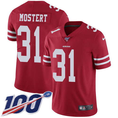 Personalized 49ers #31 Raheem Mostert Red Team Color Men’s Stitched NFL 100th Season Untouchable Limited Jersey
