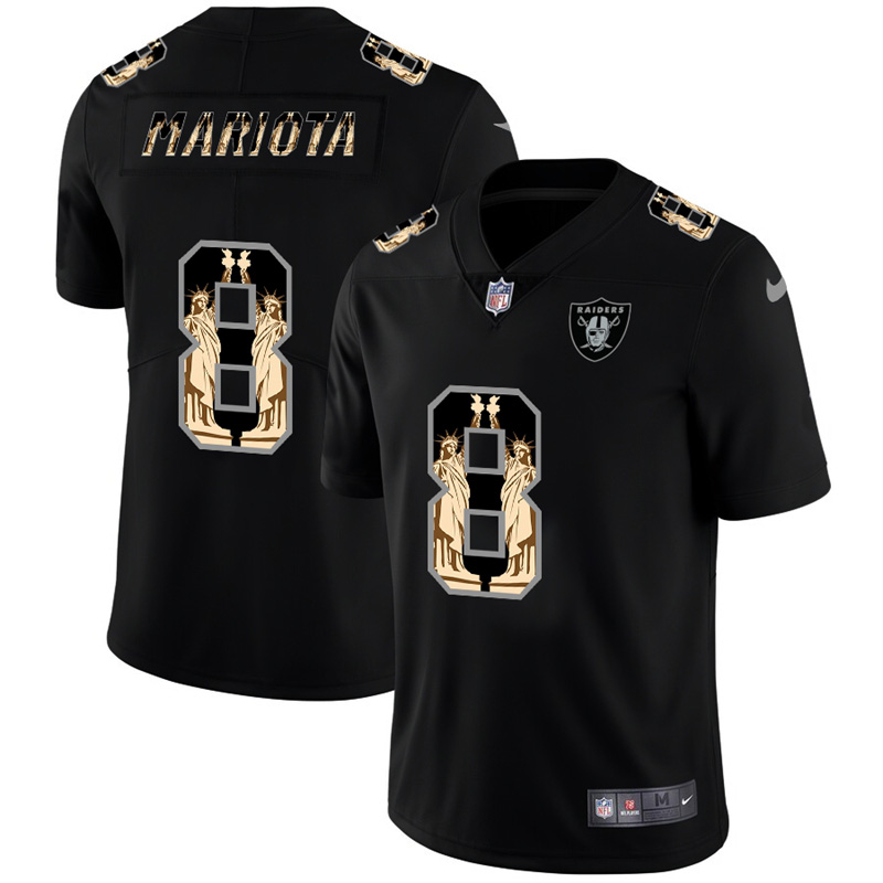 Personalized Las Vegas Raiders #8 Marcus Mariota Carbon Black Statue Of Liberty Limited NFL Jersey