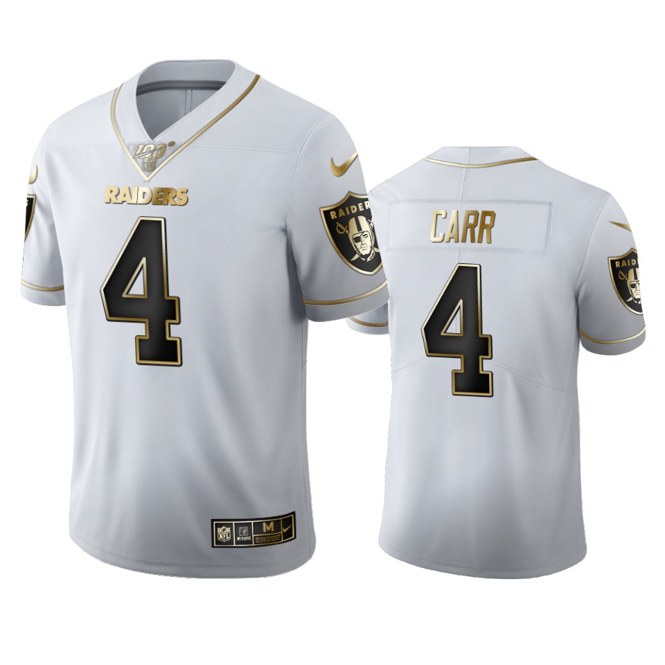 Personalized Las Vegas Raiders #4 Derek Carr Men’s White Golden Edition Limited NFL 100 Jersey