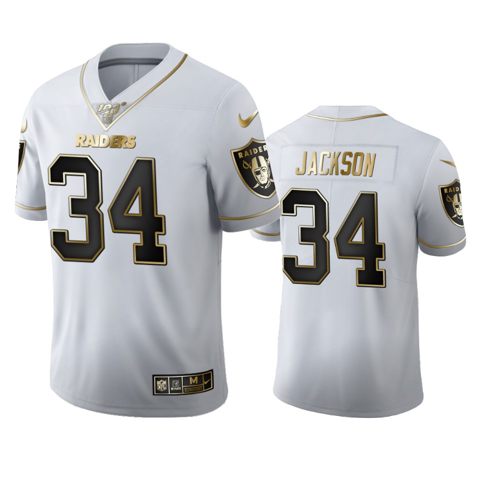 Personalized Las Vegas Raiders #34 Bo Jackson Men’s White Golden Edition Limited NFL 100 Jersey