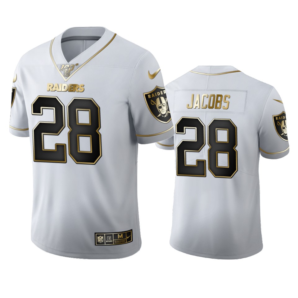 Personalized Las Vegas Raiders #28 Josh Jacobs Men’s White Golden Edition Limited NFL 100 Jersey