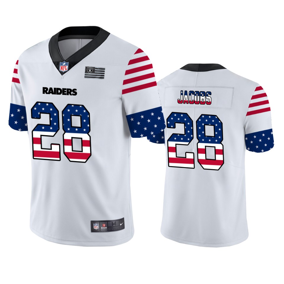 Personalized Las Vegas Raiders #28 Josh Jacobs White Men’s Team Logo USA Flag Untouchable Limited NFL Jersey