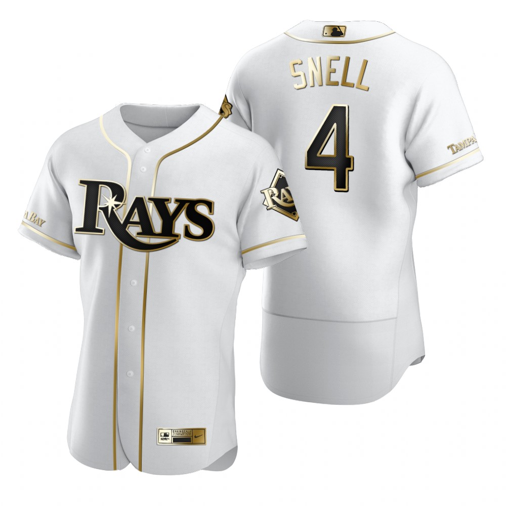 Personalized Tampa Bay Rays #4 Blake Snell White Men’s Authentic Golden Edition MLB Jersey