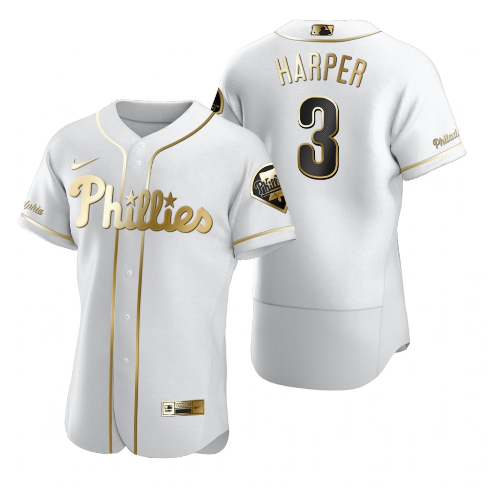 Personalized Philadelphia Phillies #3 Bryce Harper White Men’s Authentic Golden Edition MLB Jersey
