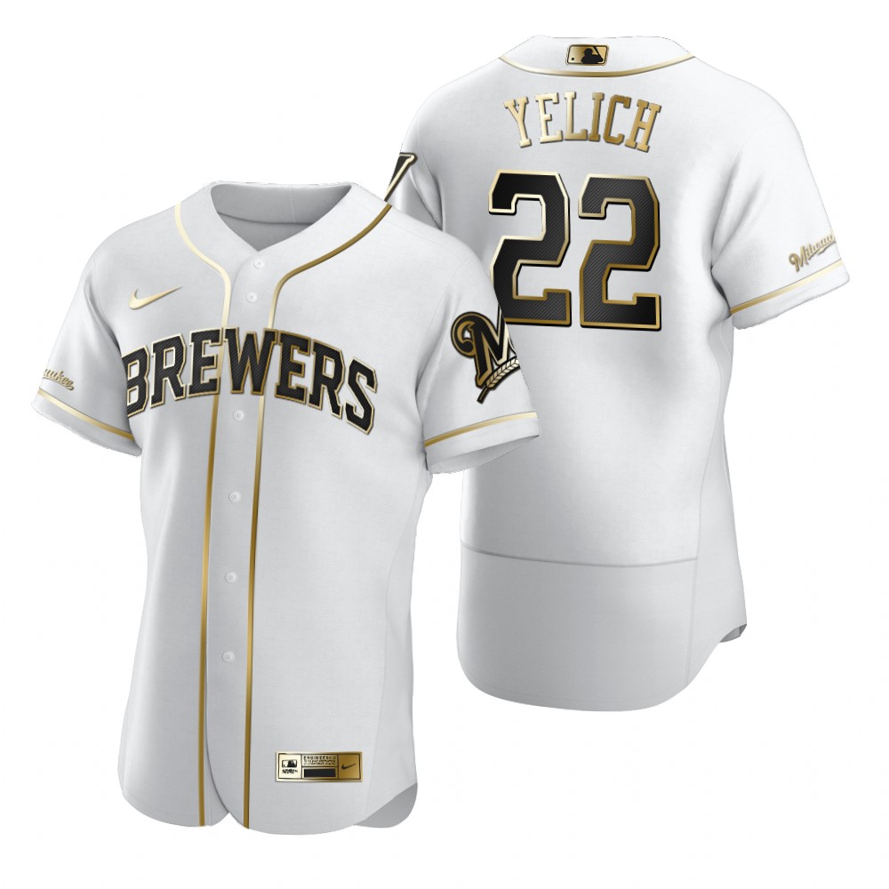 Personalized Milwaukee Brewers #22 Christian Yelich White Men’s Authentic Golden Edition MLB Jersey