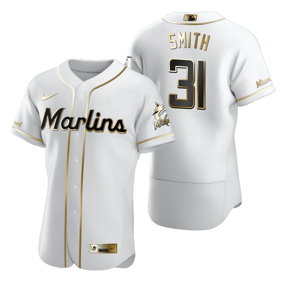 Personalized Miami Marlins #31 Caleb Smith White Men’s Authentic Golden Edition MLB Jersey