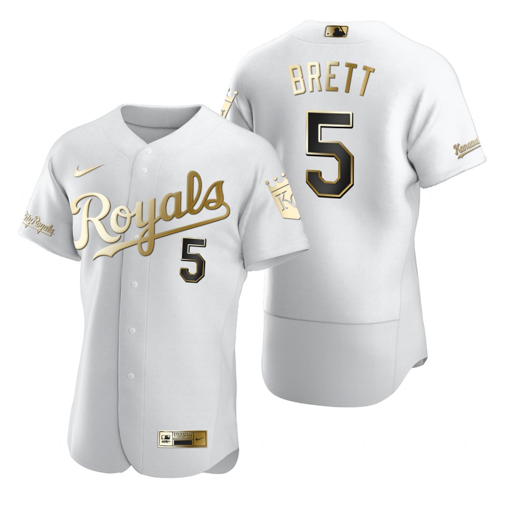 Personalized Kansas City Royals #5 George Brett White Men’s Authentic Golden Edition MLB Jersey