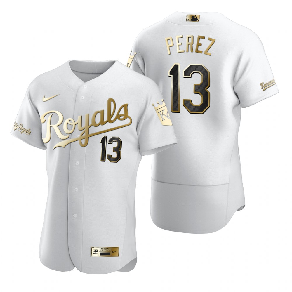 Personalized Kansas City Royals #13 Salvador Perez White Men’s Authentic Golden Edition MLB Jersey