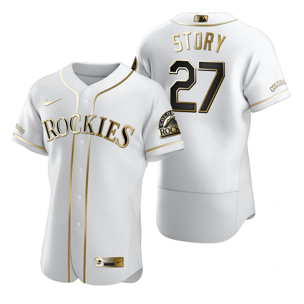 Personalized Colorado Rockies #27 Trevor Story White Men’s Authentic Golden Edition MLB Jersey