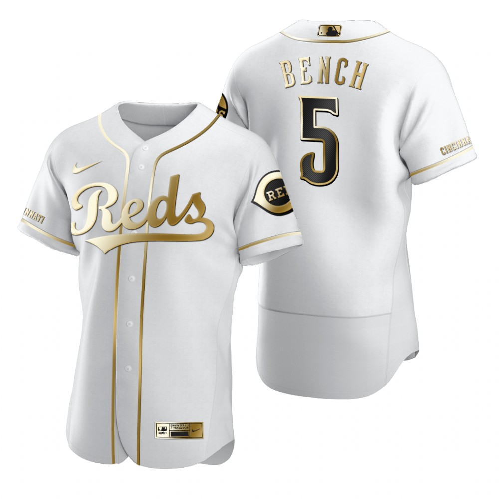 Personalized Cincinnati Reds #5 Johnny Bench White Men’s Authentic Golden Edition MLB Jersey