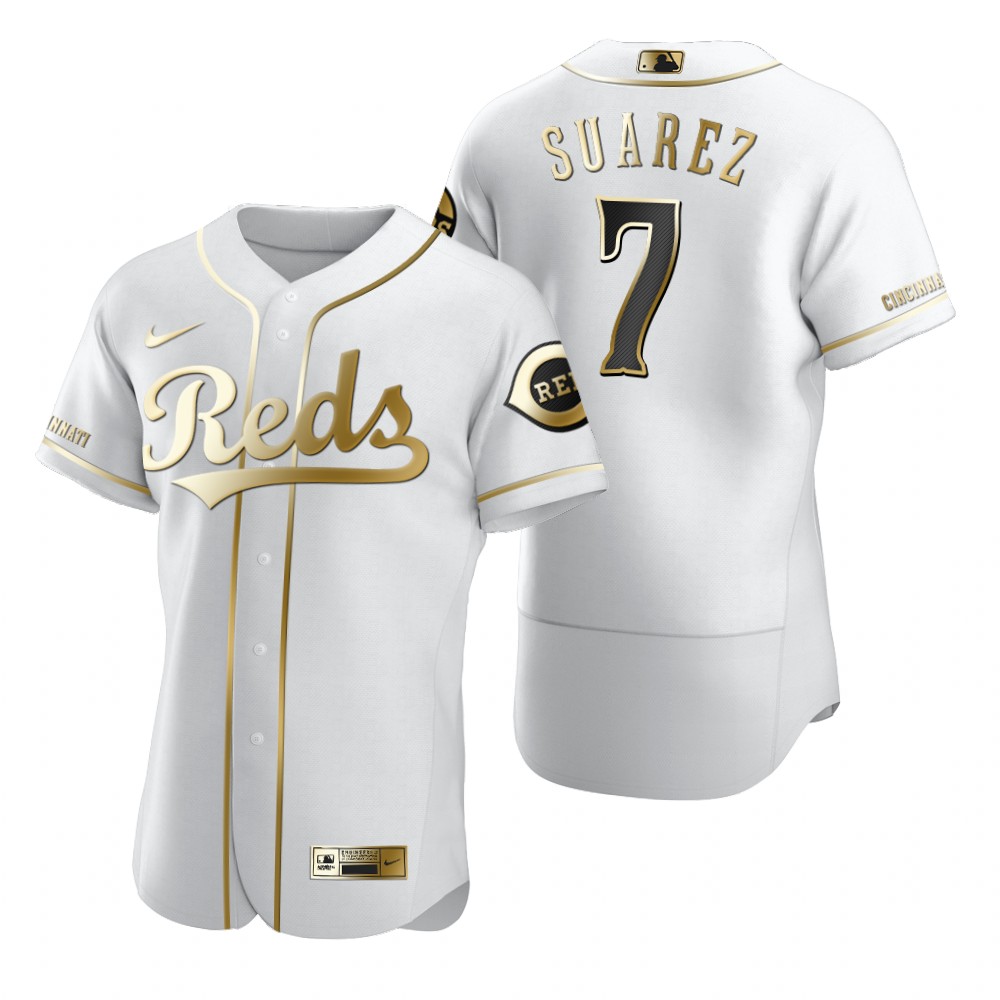 Personalized Cincinnati Reds #7 Eugenio Suarez White Men’s Authentic Golden Edition MLB Jersey