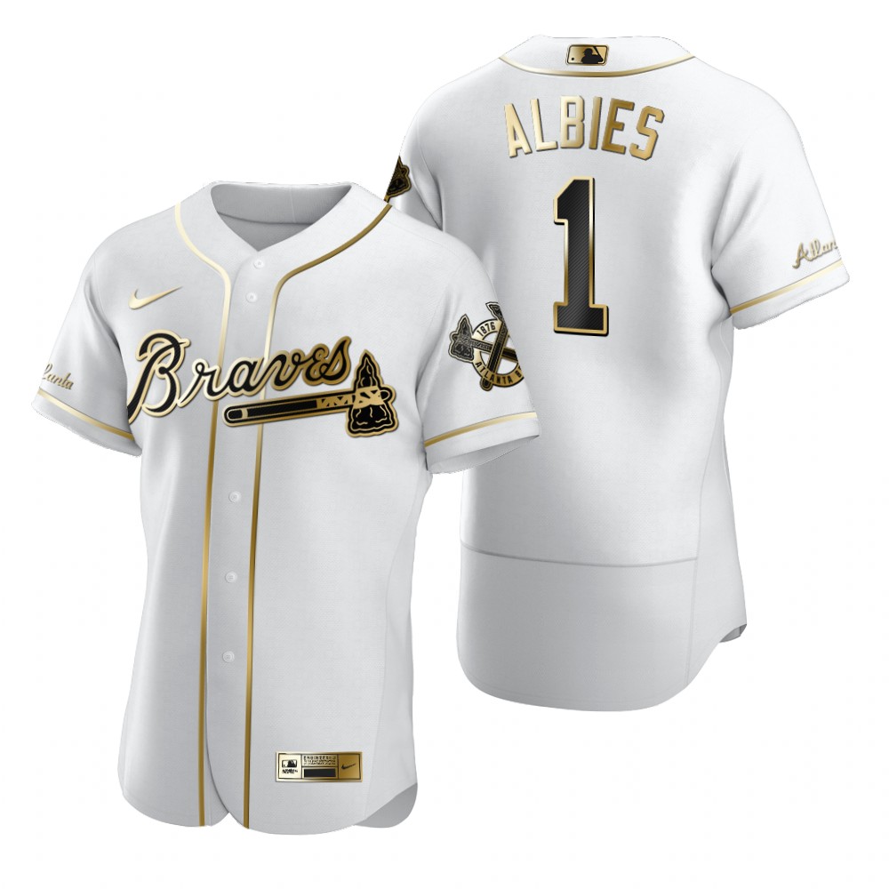 Personalized Atlanta Braves #1 Ozzie Albies White Men’s Authentic Golden Edition MLB Jersey