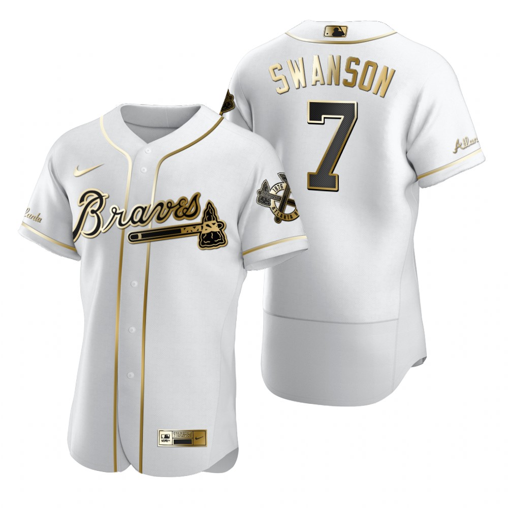 Personalized Atlanta Braves #7 Dansby Swanson White Men’s Authentic Golden Edition MLB Jersey