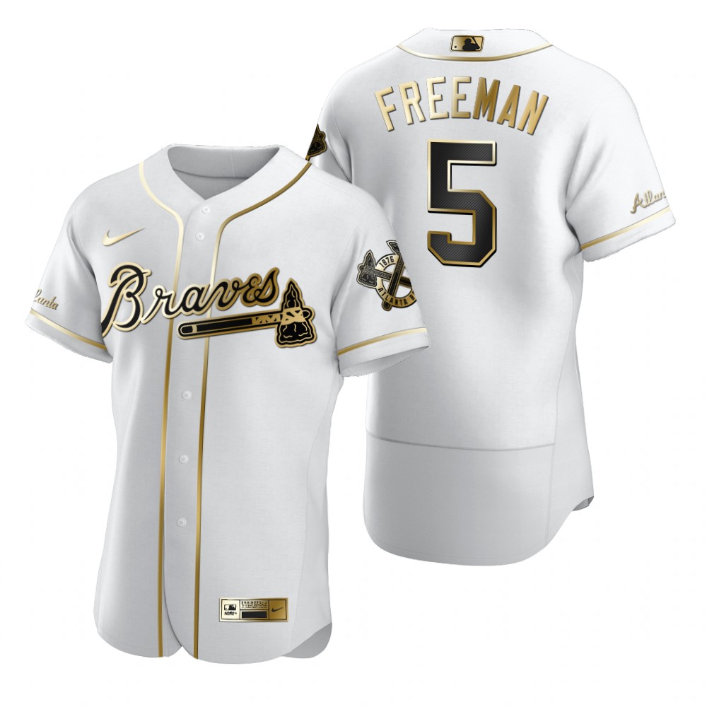 Personalized Atlanta Braves #5 Freddie Freeman White Men’s Authentic Golden Edition MLB Jersey