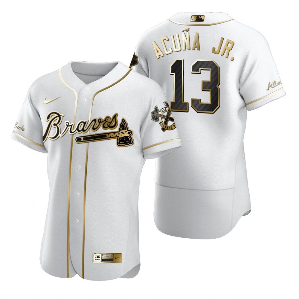 Personalized Atlanta Braves #13 Ronald Acuna Jr. White Men’s Authentic Golden Edition MLB Jersey