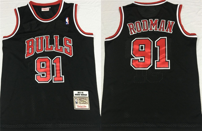 Personalized Bulls 91 Dennis Rodman Black 1997-98 Hardwood Classics Mesh Jersey