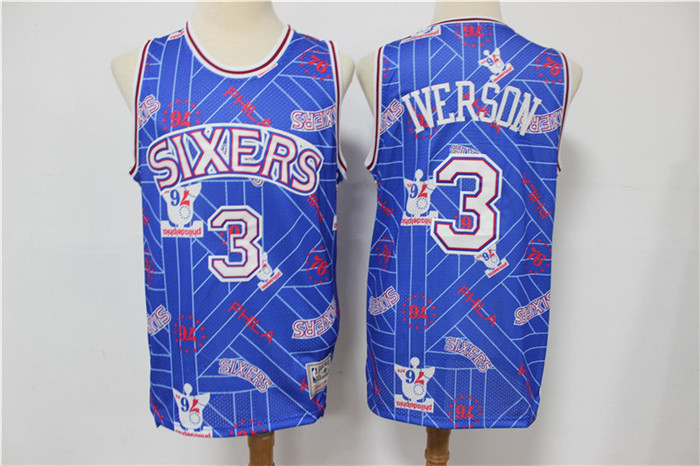 Personalized 76ers 3 Allen Iverson Blue Tear Up Pack Hardwood Classics Swingman Jersey