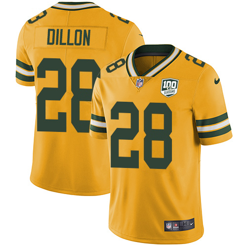 Personalized Packers #28 AJ Dillon Yellow Men’s 100th Season Stitched NFL Limited Rush Jersey