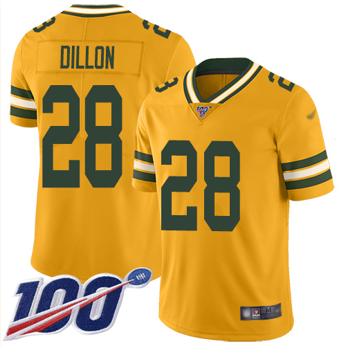 Personalized Packers #28 AJ Dillon Gold Men’s Stitched NFL Limited Inverted Legend 100th Season Jersey