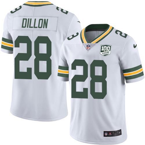 Personalized Packers #28 AJ Dillon White Men’s 100th Season Stitched NFL Untouchable Limited Jersey