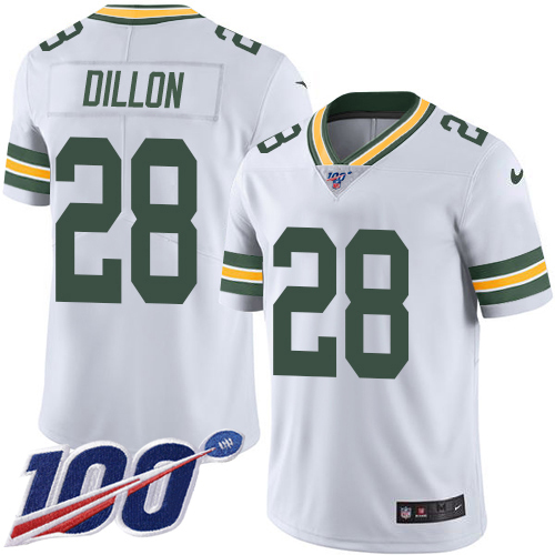 Personalized Packers #28 AJ Dillon White Men’s Stitched NFL 100th Season Untouchable Limited Jersey