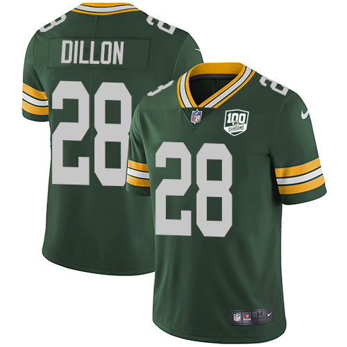Personalized Packers #28 AJ Dillon Green Team Color Men’s 100th Season Stitched NFL Untouchable Limited Jersey