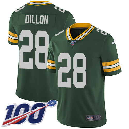 Personalized Packers #28 AJ Dillon Green Team Color Men’s Stitched NFL 100th Season Untouchable Limited Jersey