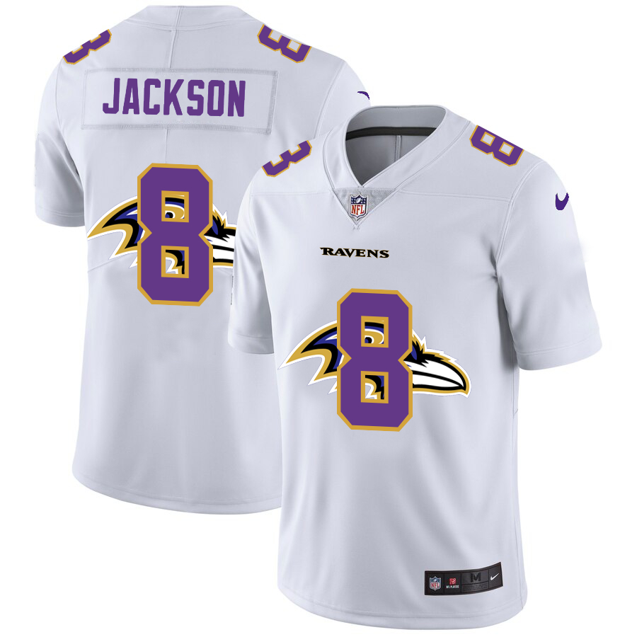 Personalized Ravens 8 Lamar Jackson White Shadow Logo Limited Jersey