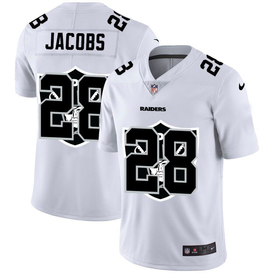Personalized Raiders 28 Josh Jacobs White Shadow Logo Limited Jersey