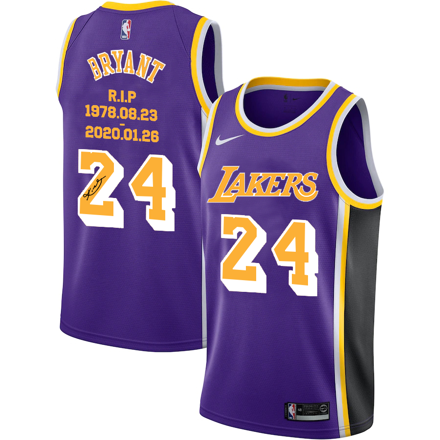 Personalized Lakers 24 Kobe Bryant Purple R.I.P Signature Swingman Jersey.
