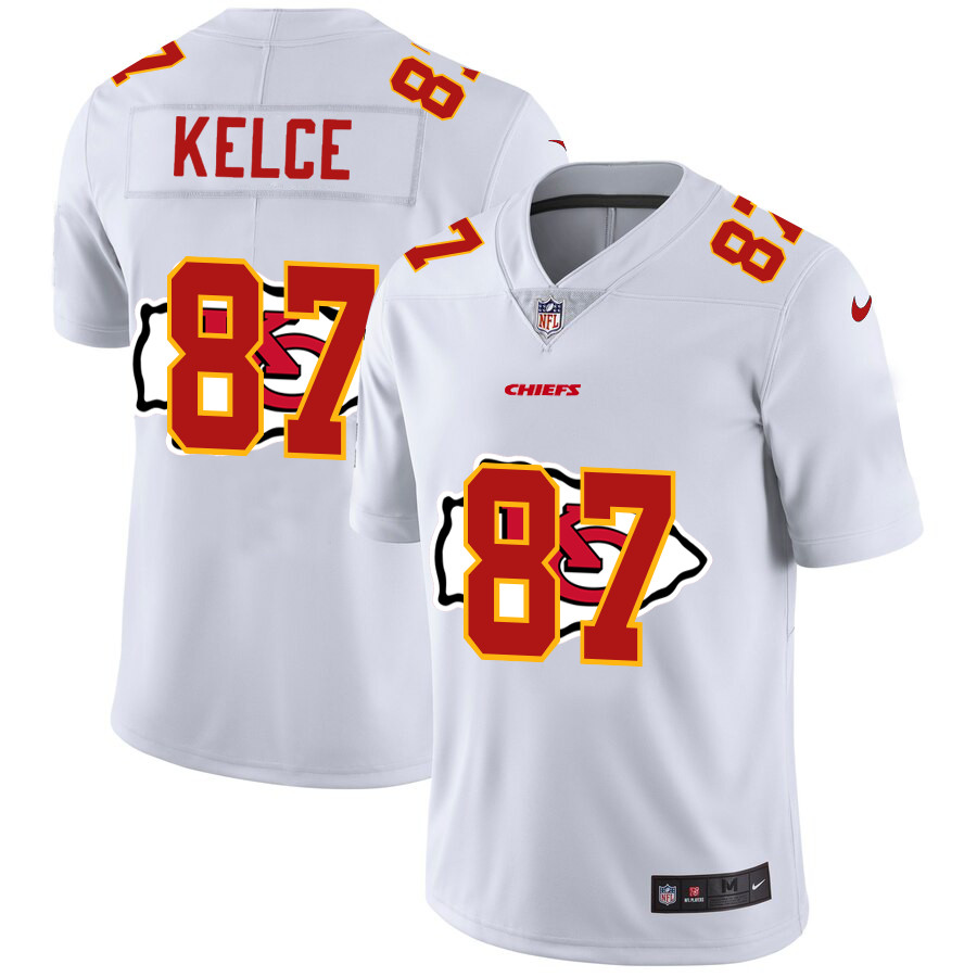 Personalized Chiefs 87 Travis Kelce White Shadow Logo Limited Jersey