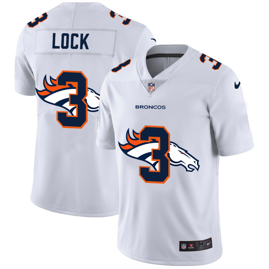 Personalized Broncos 3 Drew Lock White Shadow Logo Limited Jersey