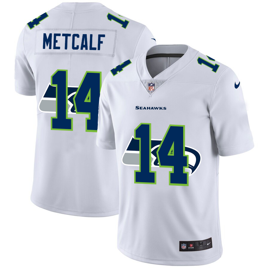 Personalized Seattle Seahawks #14 DK Metcalf White Men’s Team Logo Dual Overlap Limited NFL Jersey