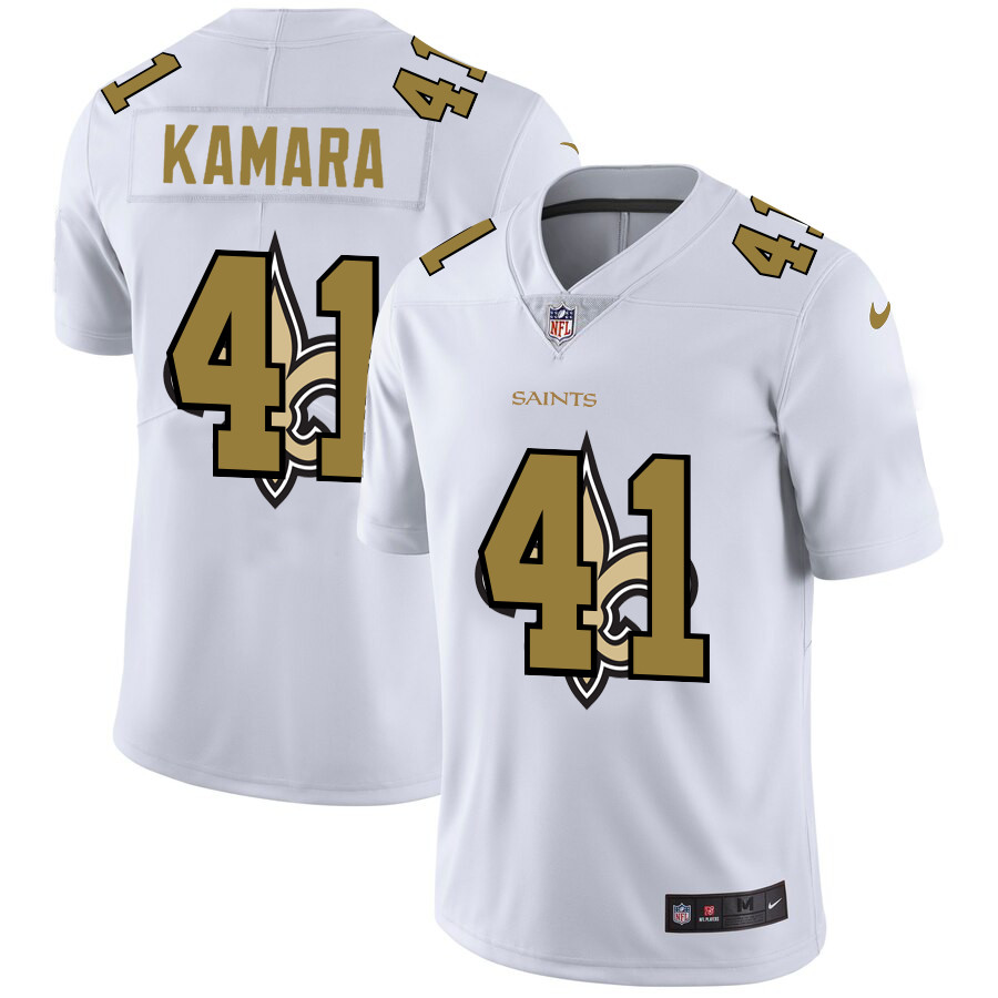 Personalized New Orleans Saints #41 Alvin Kamara White Men’s Team Logo Dual Overlap Limited NFL Jersey