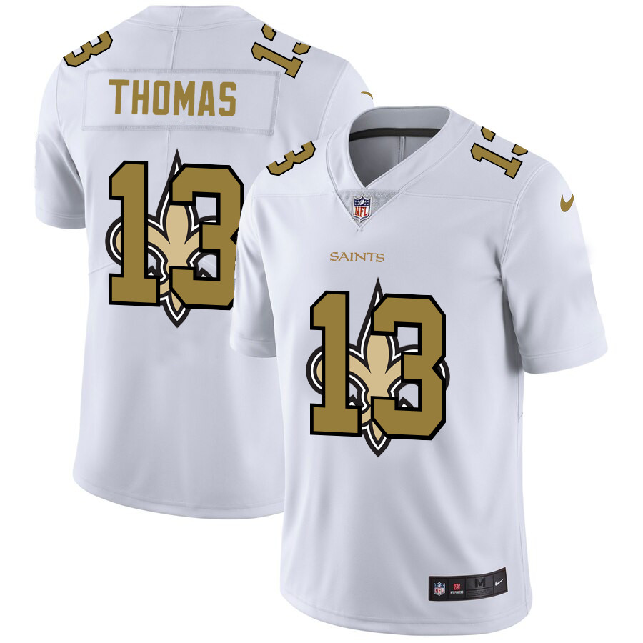 Personalized New Orleans Saints #13 Michael Thomas White Men’s Team Logo Dual Overlap Limited NFL Jersey