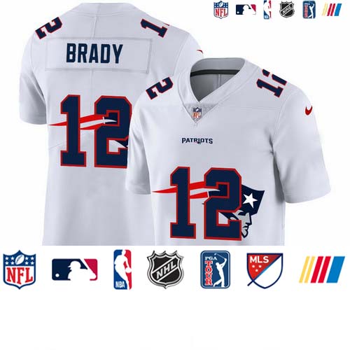 Personalized New England Patriots #12 Tom Brady White Men’s Team Logo Dual Overlap Limited NFL Jersey