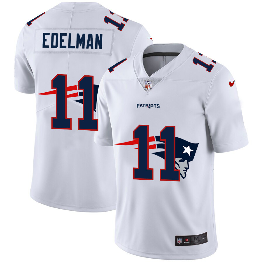 Personalized New England Patriots #11 Julian Edelman White Men’s Team Logo Dual Overlap Limited NFL Jersey