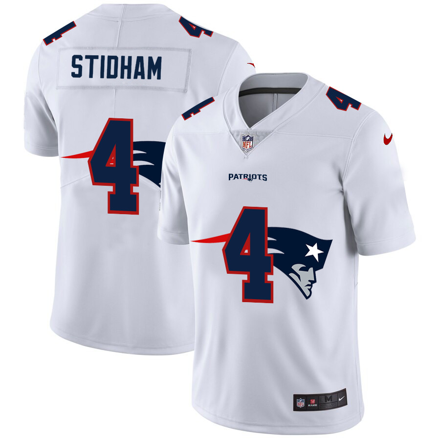 Personalized New England Patriots #4 Jarrett Stidham White Men’s Team Logo Dual Overlap Limited NFL Jersey