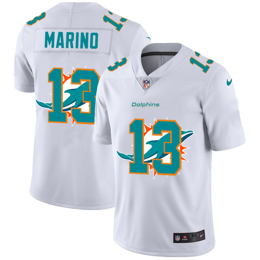 Personalized Miami Dolphins #13 Dan Marino White Men’s Team Logo Dual Overlap Limited NFL Jersey