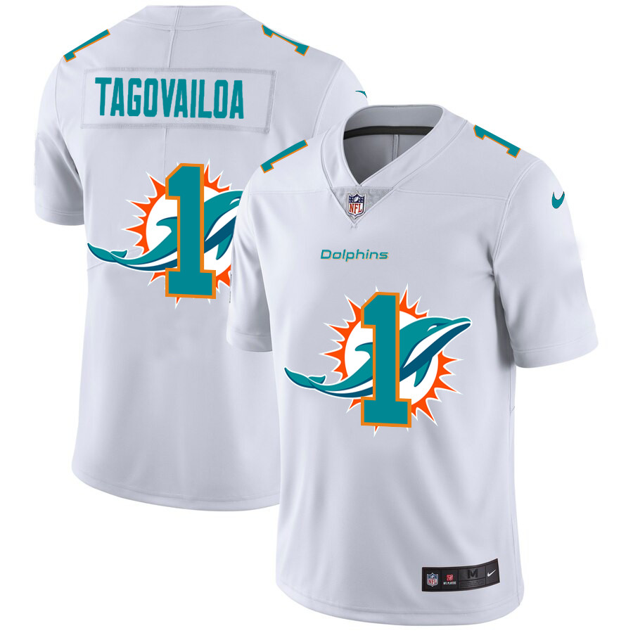 Personalized Miami Dolphins #1 Tua Tagovailoa White Men’s Team Logo Dual Overlap Limited NFL Jersey