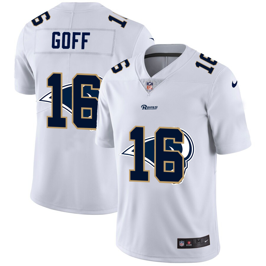 Personalized Los Angeles Rams #16 Jared Goff White Men’s Team Logo Dual Overlap Limited NFL Jersey