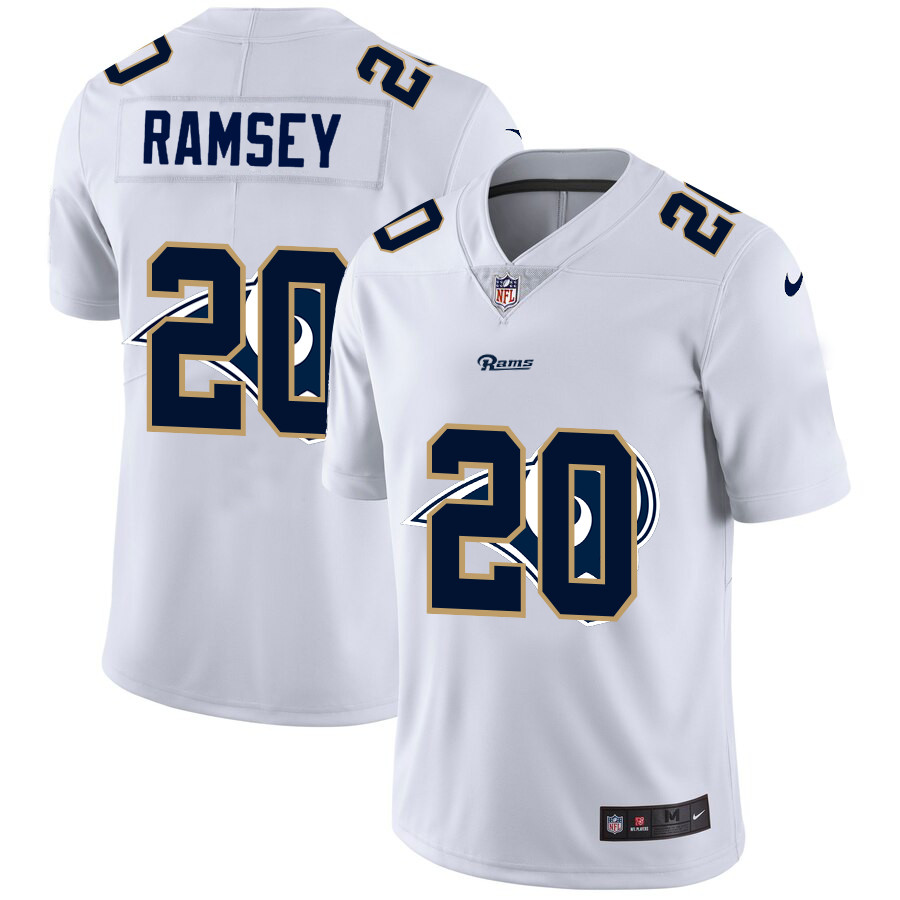 Personalized Los Angeles Rams #20 Jalen Ramsey White Men’s Team Logo Dual Overlap Limited NFL Jersey