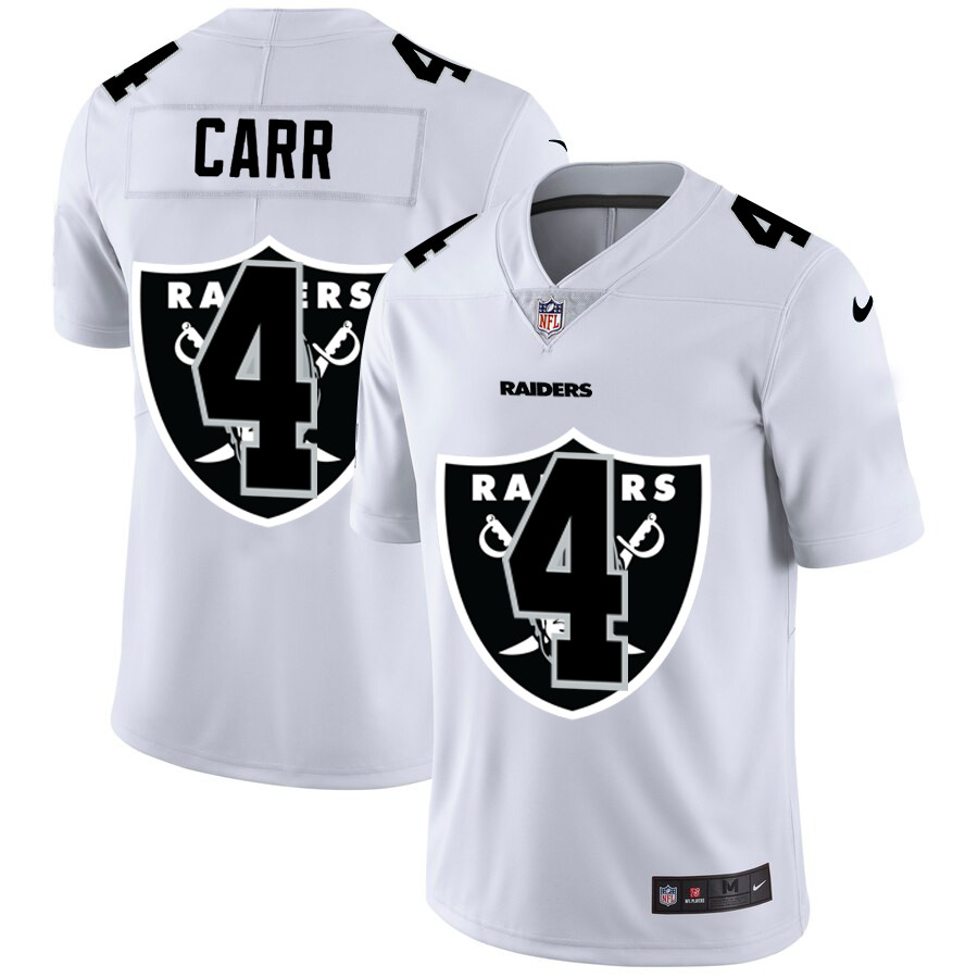 Personalized Las Vegas Raiders #4 Derek Carr White Men’s Team Logo Dual Overlap Limited NFL Jersey