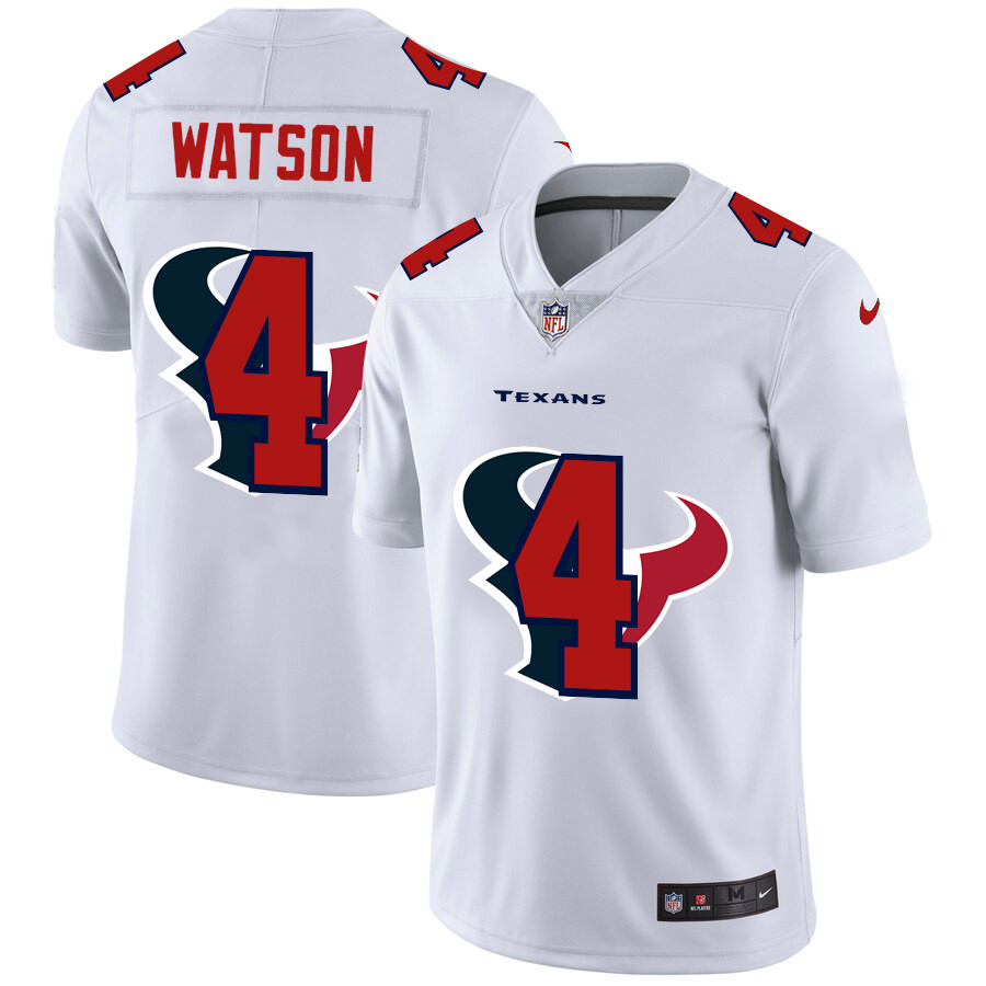 Personalized Houston Texans #4 Deshaun Watson White Men’s Team Logo Dual Overlap Limited NFL Jersey