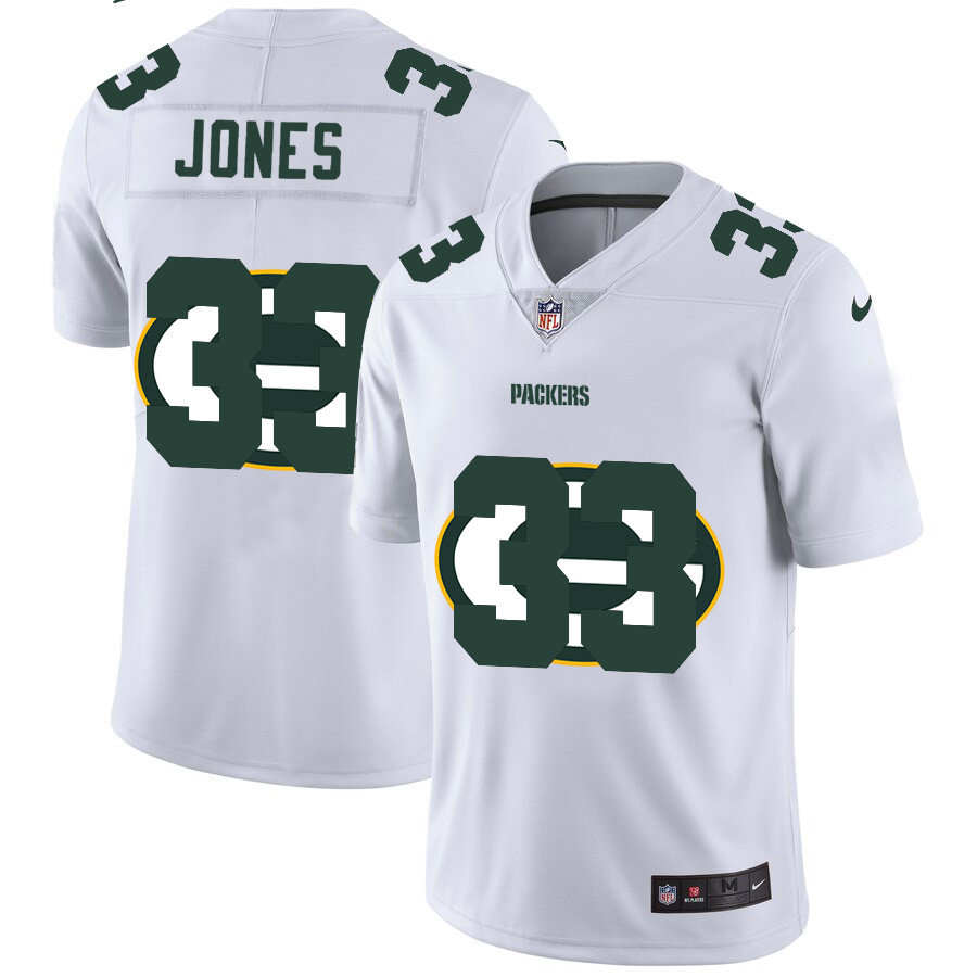 Personalized Green Bay Packers #33 Aaron Jones White Men’s Team Logo Dual Overlap Limited NFL Jersey